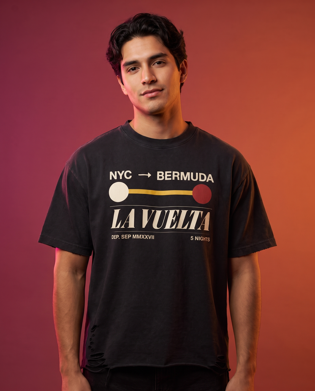 La Vuelta Tee worn by model, Latin Takeover sunset studio