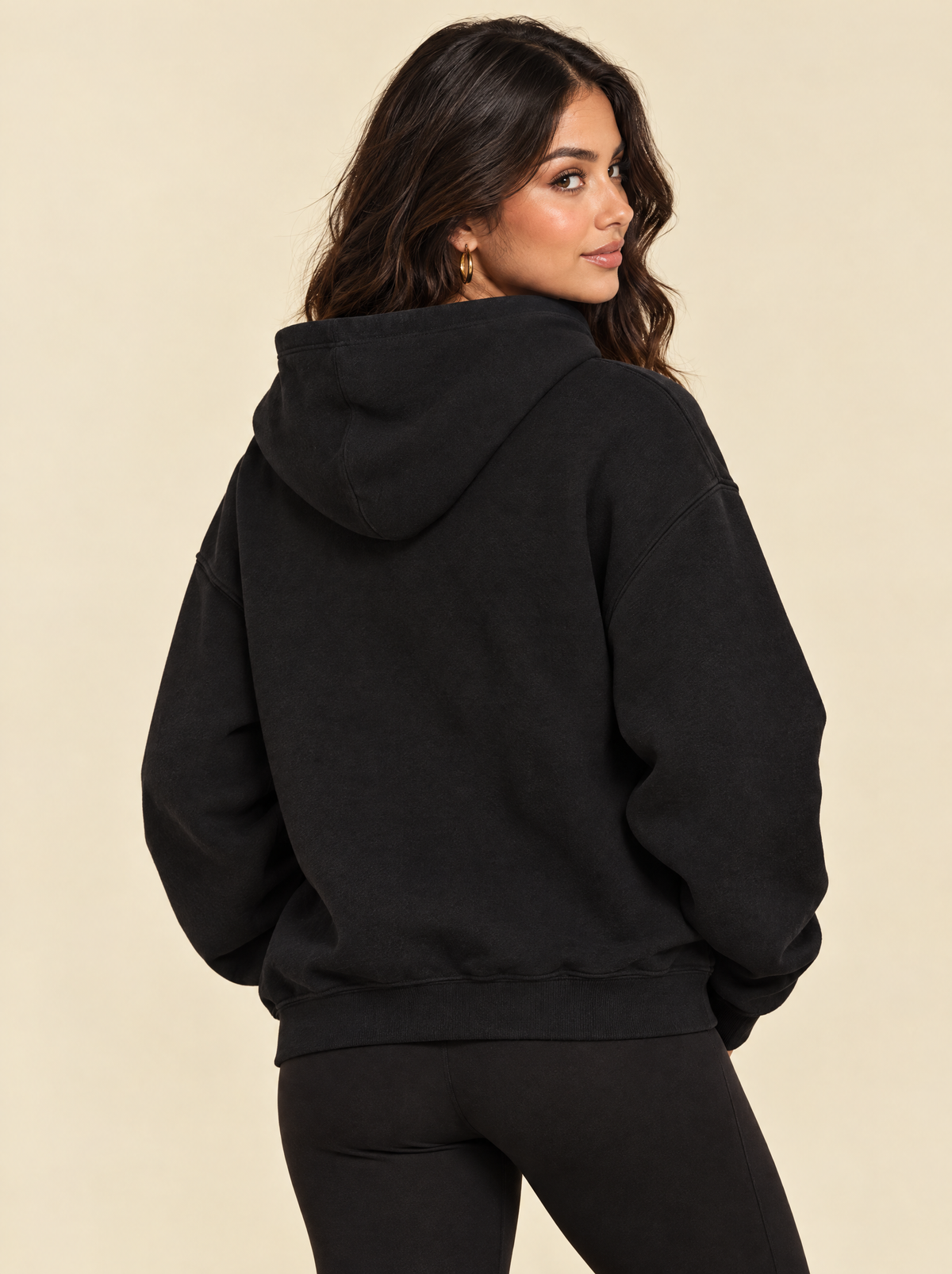 Black — Back view, boxy drop-shoulder fit with hood