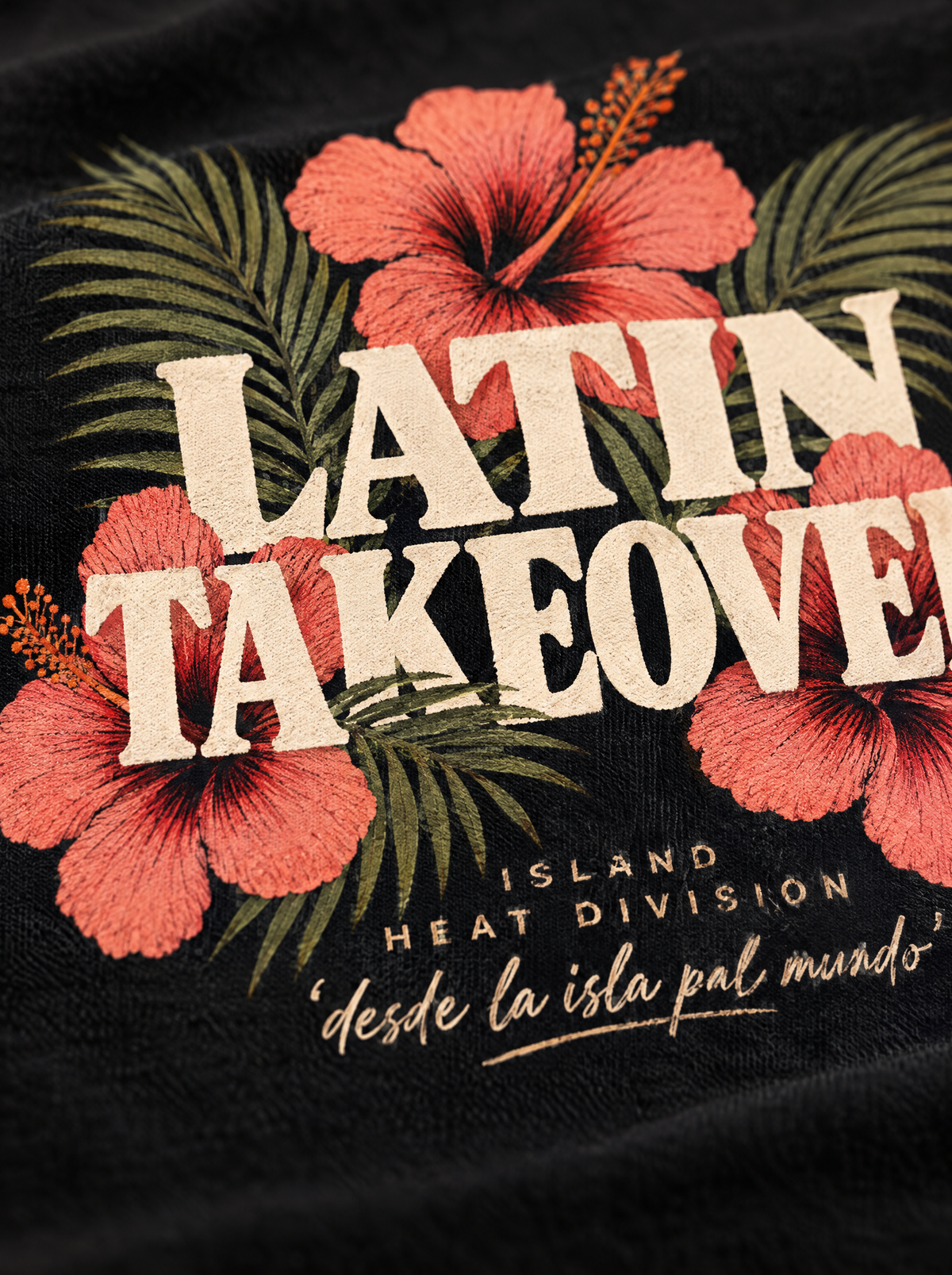 Black Beauty — Fabric & print close-up, hibiscus and palm back graphic