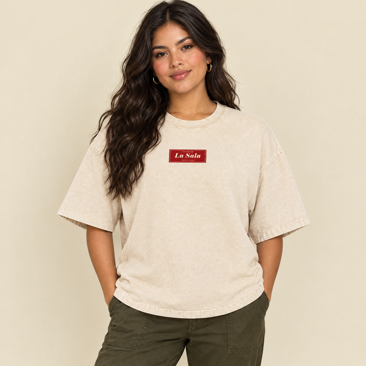 Light Apricot — La Sala Sábado 9AM oversized tee, front